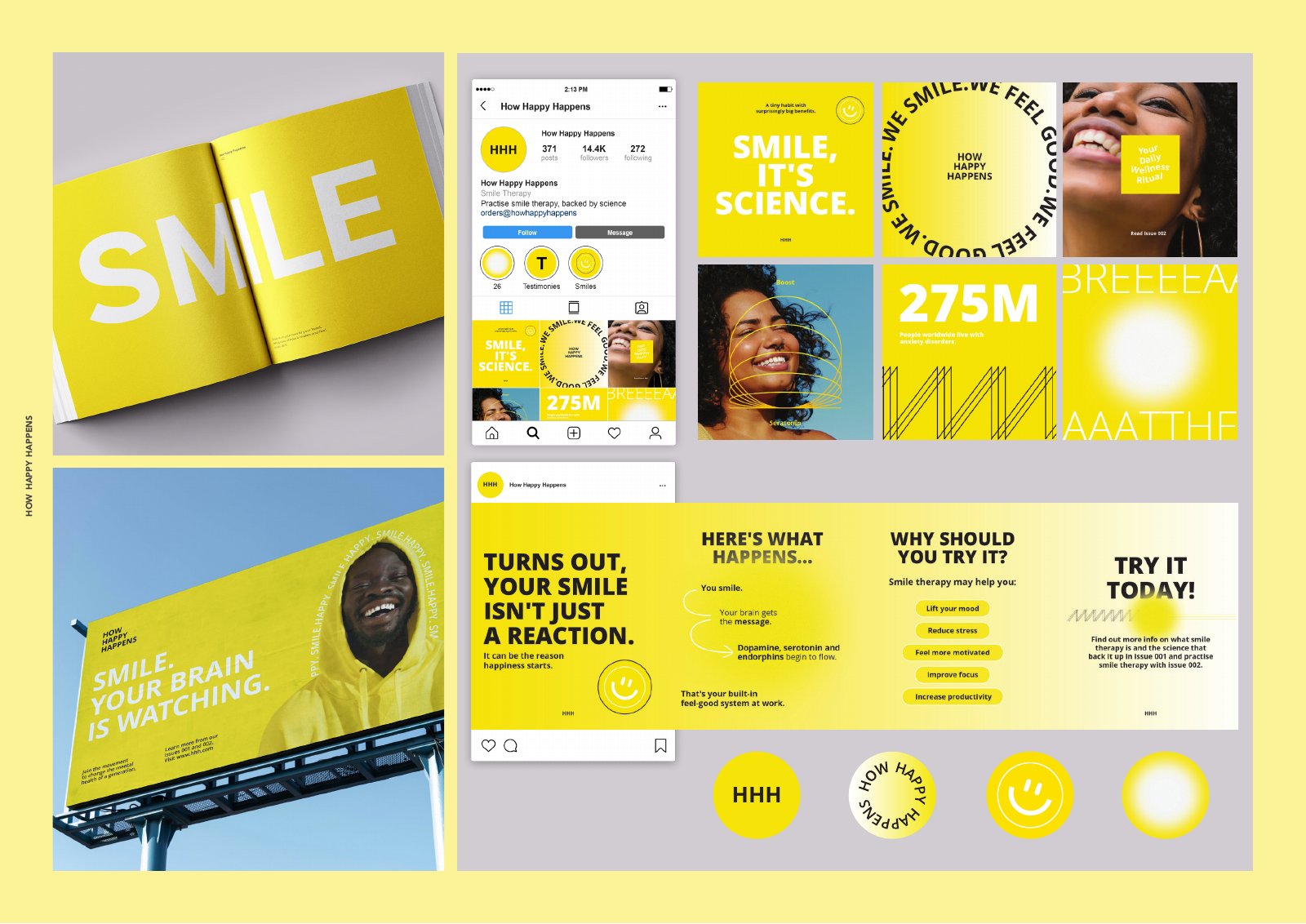 How Happy Happens publication spreads and campaign materials